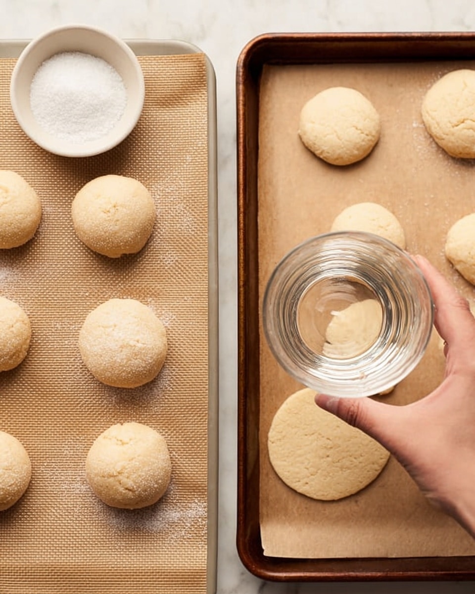 The image is split into two parts on white marbled surfaces. On the left side, there are round dough balls of light beige color placed on brown parchment paper on a baking sheet. The dough balls vary slightly in texture, some smooth and some a bit rough or cracked. One dough ball is in a small white dish filled with white sugar. On the right side, a woman's hand is pressing down a clear glass on flattened dough rounds placed on brown parchment paper on a baking tray. The dough rounds are smooth and light beige with a slightly stretched texture. The overall scene shows the process of shaping the dough for baking. Photo taken with an iphone --ar 4:5 --v 7