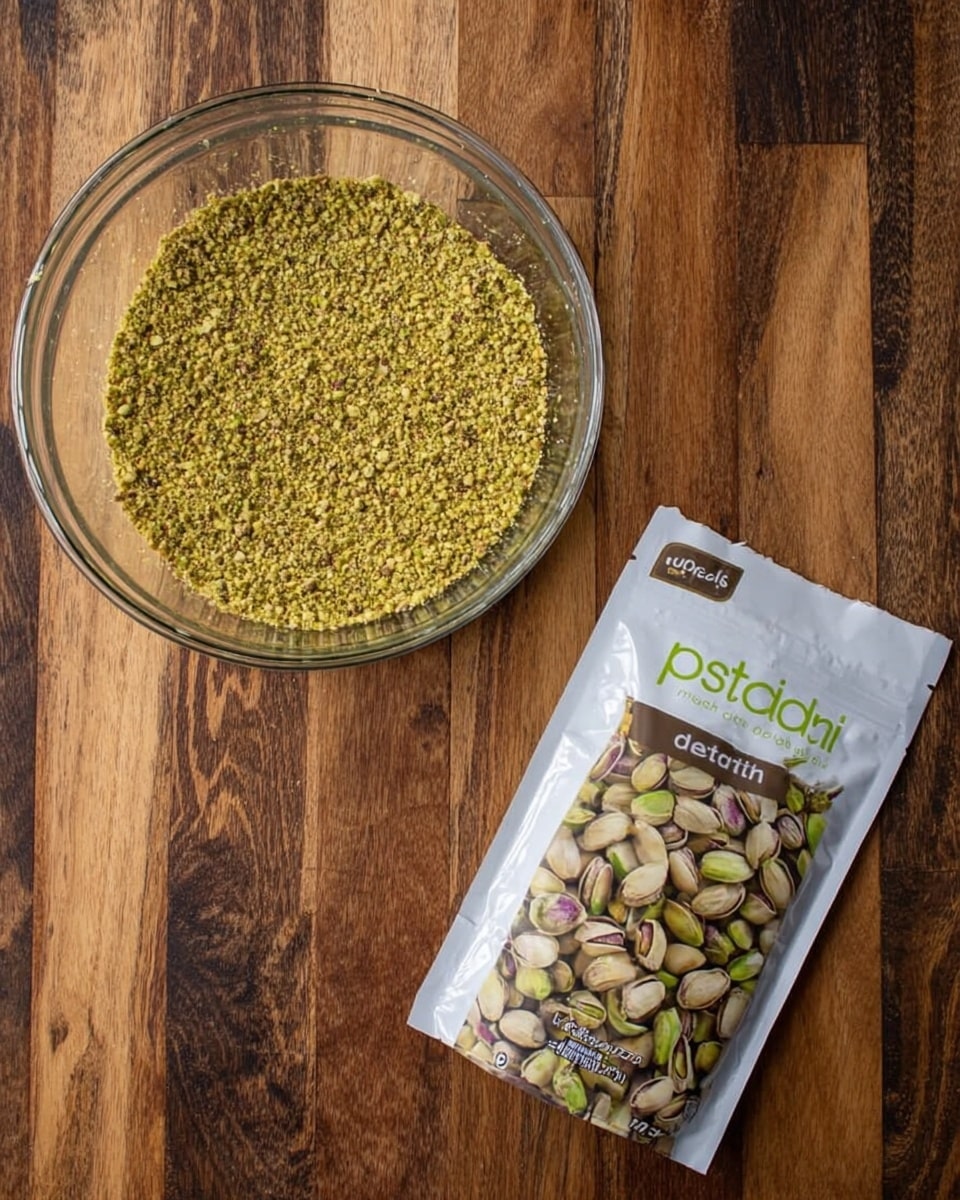 The image shows a clear glass bowl filled with finely crushed pistachios that create a textured green and light brown layer spread evenly inside the bowl. To the right of the bowl, there is a white packet of unsalted pistachios featuring images of whole pistachios in shades of green and brown on the front. Both items rest on a warm wooden surface with visible grains and patterns. Photo taken with an iphone --ar 4:5 --v 7