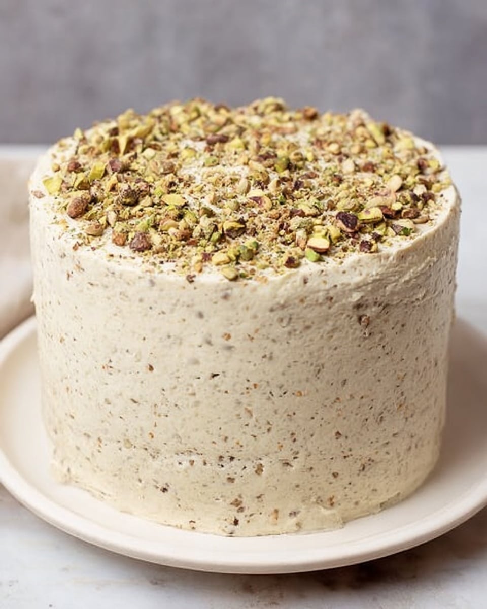 A tall, round layered cake fully covered in light beige frosting with tiny nut bits visible throughout. The frosting texture is thick and slightly rough but smooth, spread evenly around the sides and on top. The top is sprinkled with a generous amount of chopped pistachios, adding green and brown color contrast. The cake sits on a plain white plate placed on a white marbled surface. Photo taken with an iphone --ar 4:5 --v 7