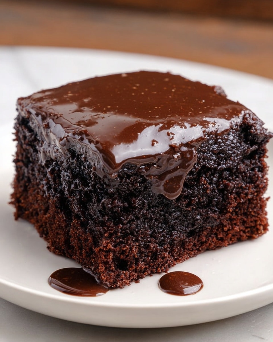 A thick square piece of chocolate cake with a rough, moist texture is placed in the center of a white plate. The cake has one main layer with dark brown crumb and a shiny, smooth layer of thick chocolate glaze covering the top, slightly dripping down the sides. A small drop of chocolate sauce is visible on the plate near the front edge. The white plate sits on a white marbled surface. photo taken with an iphone --ar 4:5 --v 7