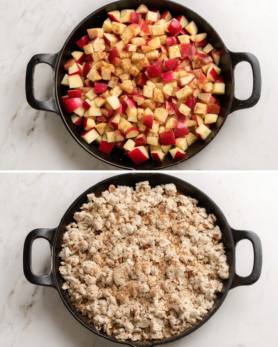 In the first image, a black cast iron skillet holds a layer of small, diced apple pieces that are red and light yellow in color, spread evenly across the pan. The diced apples have a soft texture and are slightly sprinkled with a warm brown spice, likely cinnamon. In the second image, the same black cast iron skillet contains the same layer of diced apples at the bottom, now topped with a thick layer of crumbled oat mixture that has a pale tan and light brown color, with a coarse, crumbly texture covering the apples underneath. Both images are set on a white marbled surface. Photo taken with an iphone --ar 4:5 --v 7