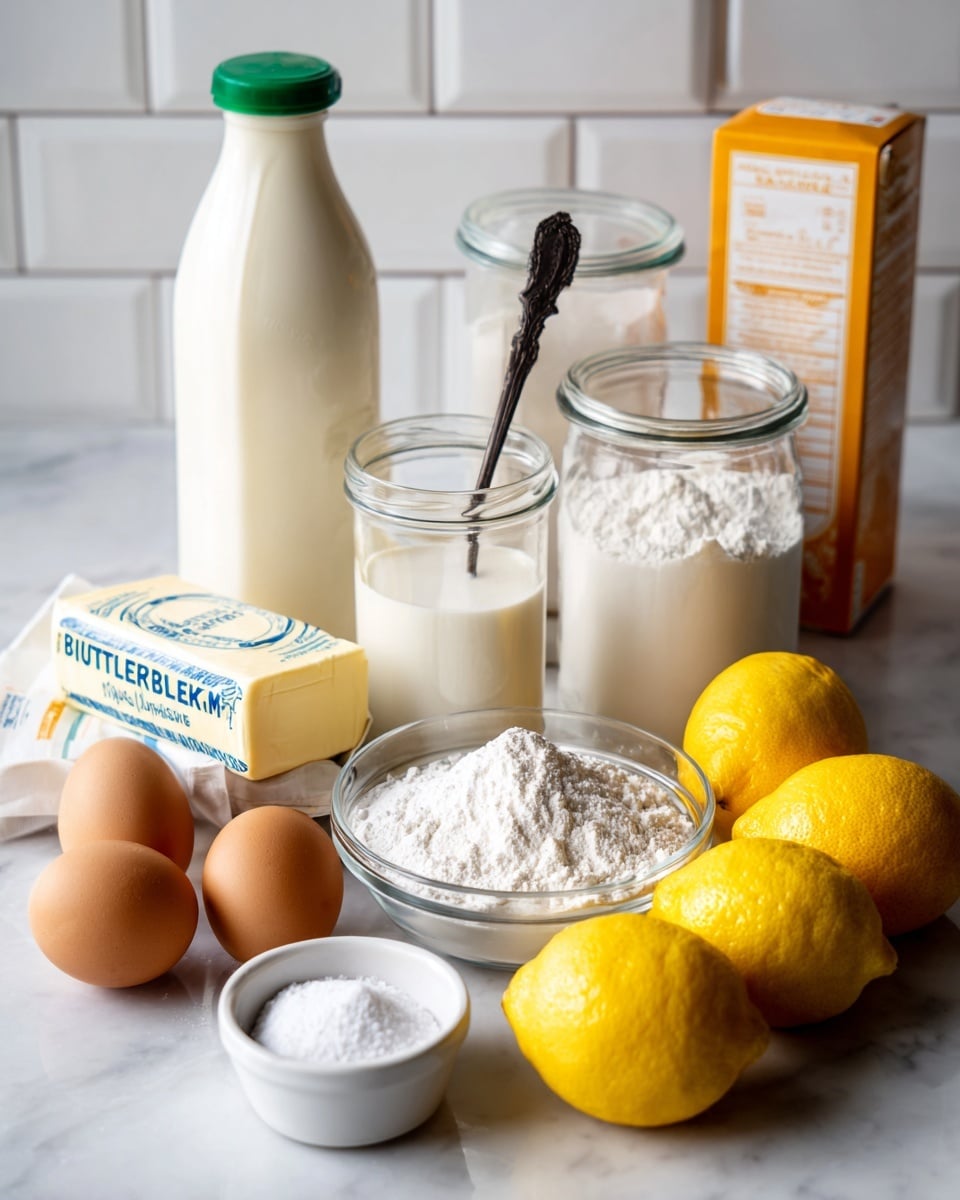 The image shows a white marbled surface with baking ingredients arranged neatly. On the left side, there is a tall white bottle with a green cap labeled buttermilk. Next to it, there are two sticks of butter wrapped in white and blue packaging, with three brown eggs placed nearby. In the middle, two large clear glass jars with lids hold white powdered ingredients, one appearing to be sugar and the other flour, with a dark spoon inside the flour jar. A small clear glass bowl filled with powdered sugar sits in front of the jars. On the right side, there are four bright yellow lemons neatly placed in front of a small white bowl filled with salt and an orange box of baking soda. The background is white tiled, creating a clean kitchen look. photo taken with an iphone --ar 4:5 --v 7