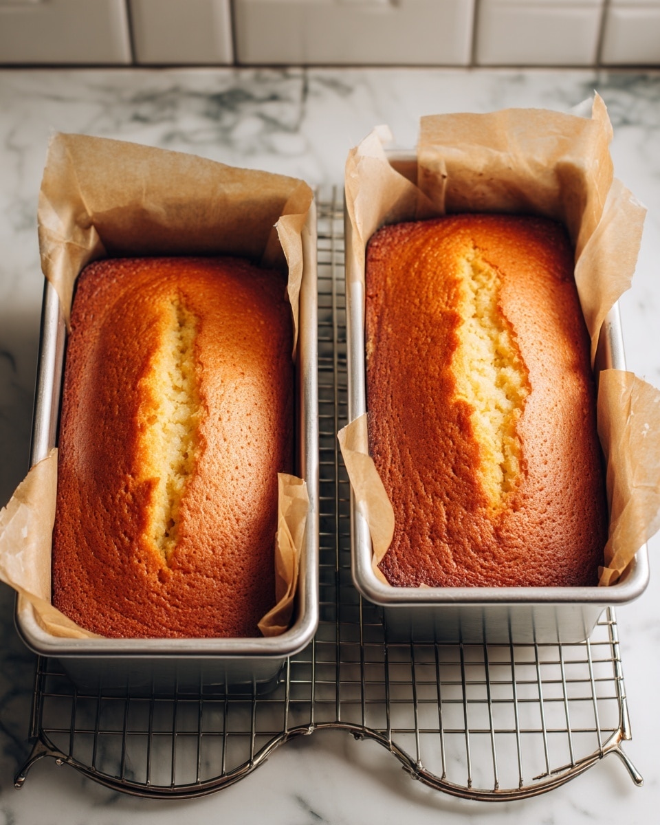 Two golden brown rectangular cakes sit in silver baking pans lined with parchment paper that extends over the edges. Both cakes have a smooth but slightly uneven surface with a few small cracks down the middle. The pans rest on a metal cooling rack placed on a white marbled countertop. The background shows white tiled walls blurred softly. photo taken with an iphone --ar 4:5 --v 7