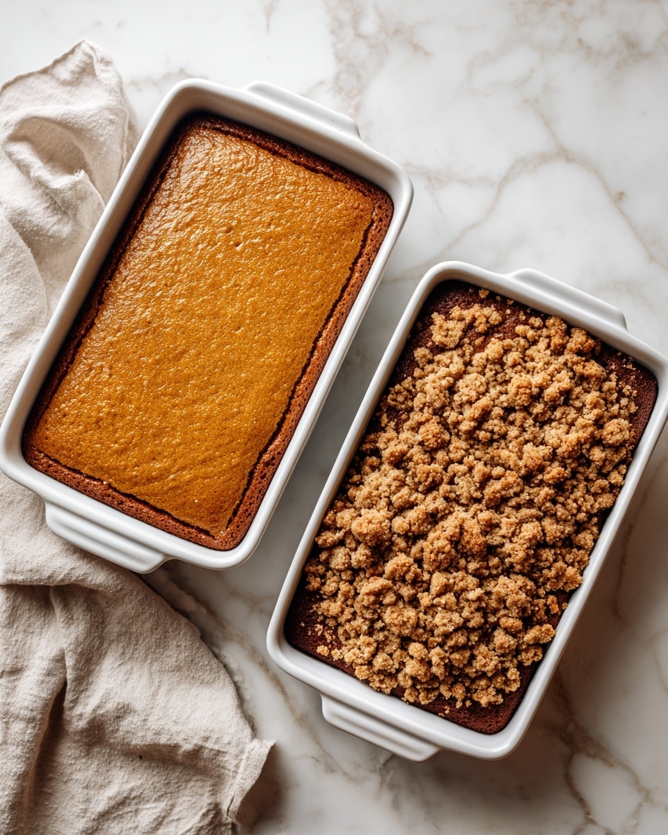 The image shows two white ceramic baking dishes side by side on a white marbled surface with a beige cloth nearby. The left dish contains a single thick layer of golden brown, evenly baked cake with a smooth, slightly textured surface. The right dish has a single layer of crumbled topping in light golden brown, appearing rough and chunky, spread evenly over the surface. Both dishes have dark rims and are rectangular in shape. photo taken with an iphone --ar 4:5 --v 7