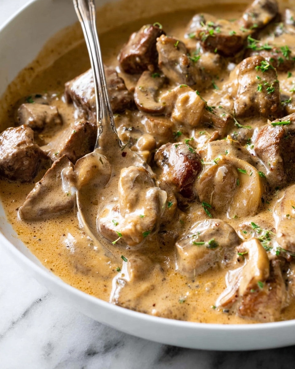 The image shows a creamy dish in a white bowl filled with slices of brown cooked meat and light beige mushroom pieces, all coated in a thick, smooth, light brown sauce. Small green garnishes are scattered on top, adding a touch of color. A silver spoon is partially submerged in the sauce, showing the texture and thickness. The background is a white marbled surface photo taken with an iphone --ar 4:5 --v 7