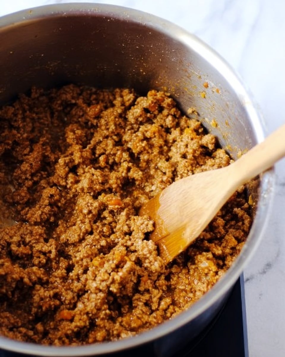 A close-up of cooked ground meat inside a shiny silver pot, with a wooden spatula stirring the meat on the right side. The meat is crumbly and brown with some orange and light yellow bits showing seasoning. The pot's smooth metal surface reflects light softly. The background is a white marbled texture. photo taken with an iphone --ar 4:5 --v 7
