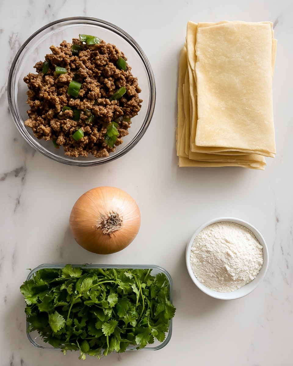 The image shows ingredients arranged neatly on a white marbled surface. At the top left, there is a clear glass bowl filled with browned ground meat, with some green bits mixed in. To the right of the bowl is a neat stack of folded, pale yellow pastry sheets. Below the glass bowl, on the left side, there is a whole light brown onion with its dry skin still on. Next to the onion, on the right, is a small white bowl filled with white flour. At the bottom of the image, there is a transparent container packed with fresh green cilantro leaves. The photo taken with an iphone --ar 4:5 --v 7