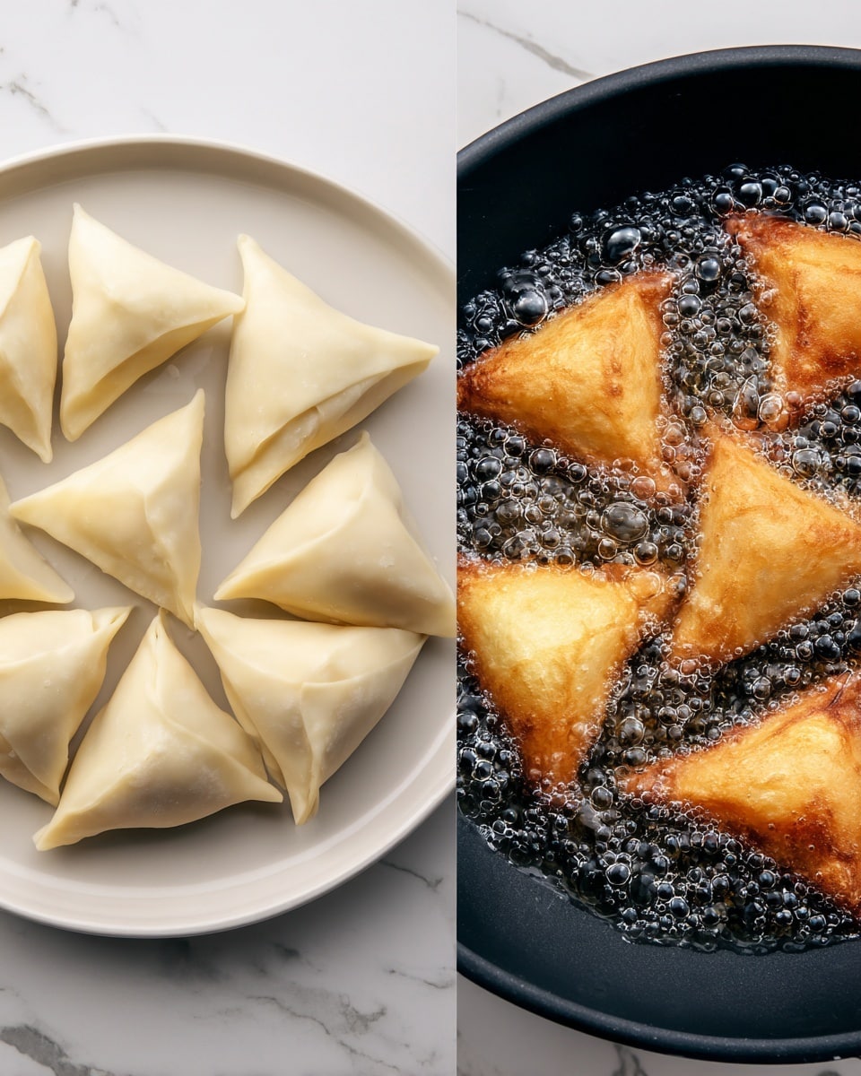 The image shows two side-by-side photos: on the left, a white round plate holds seven smooth, folded triangular pastries made of pale dough stacked evenly and arranged neatly on a white marbled surface; on the right, the same triangular pastries are deep frying in bubbling oil in a dark pan, turning golden brown with some darker spots visible on the crispy texture, the oil bubbles closely around each piece. Photo taken with an iphone --ar 4:5 --v 7