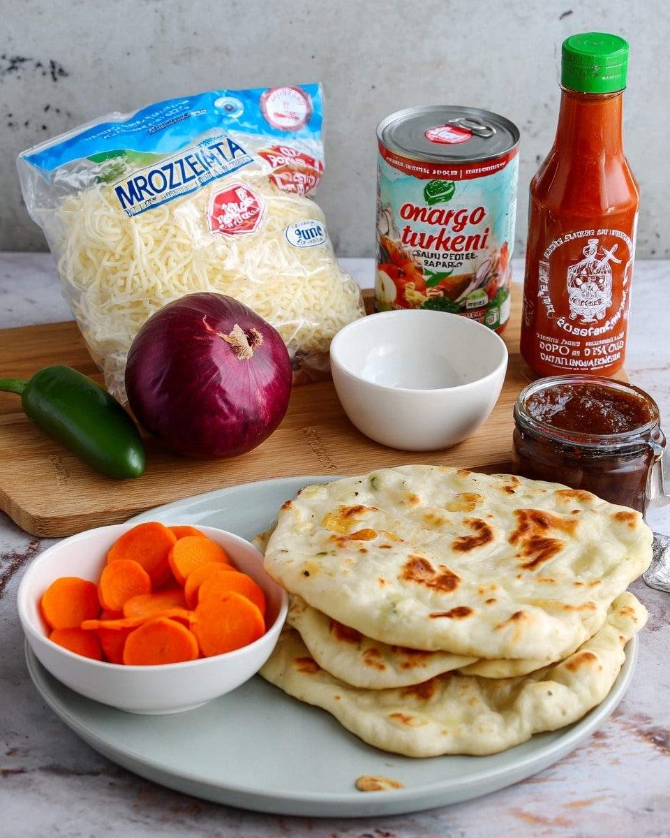 A white round plate on a white marbled surface holds two pieces of naan bread with a light golden-brown toasted texture, slightly puffed and uneven in shape, stacked with the top piece showing some darker spots. In front of the plate is a small white bowl filled with thin, round slices of bright orange carrot. Behind the plate, several ingredients are neatly arranged on a light wooden board: a bag of shredded mozzarella cheese with blue and white packaging, a medium-sized dark red onion next to a small dark green jalapeño pepper, an unopened white bowl, a can of tomato sauce with a green and red label, a transparent bottle of red sriracha sauce with a green cap, and a dark jar of sauce or paste with a blue lid. The background is a light gray textured surface, all objects well lit and clearly visible. photo taken with an iphone --ar 4:5 --v 7