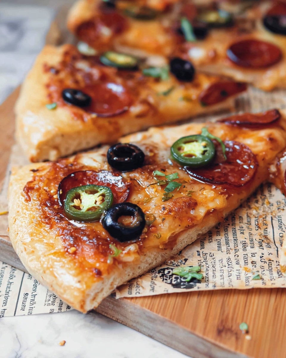 A close-up of a slice of pizza shows a golden brown crust with a layer of melted cheese on top. The cheese looks slightly bubbly and has a shiny texture. On top of the cheese, there are round slices of pepperoni, black olive rings, and green jalapeño slices with visible seeds. Small green bits of herbs are scattered over the slice, adding a fresh touch. The pizza slice rests on a wooden board covered with a sheet of newspaper print. The background has a soft white marbled texture with parts of other pizza slices blurred out. photo taken with an iphone --ar 4:5 --v 7