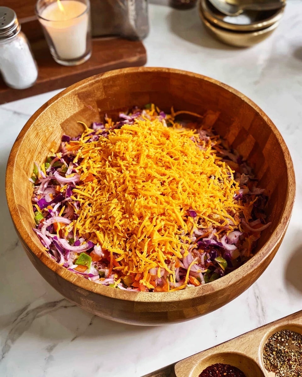 A large wooden bowl sits on a wooden board on a white marbled surface, filled with a mix of ingredients. The bottom layer contains chopped red onions, visible with their purple color and firm texture, alongside bits of shredded green and orange vegetables. On top of this base, there is a generous, uneven layer of finely shredded bright orange cheese covering most of the bowl’s contents, adding a soft and slightly crumbly texture. In the background, there are small containers for salt and pepper and a candle, all placed on the white marbled surface. Photo taken with an iphone --ar 4:5 --v 7