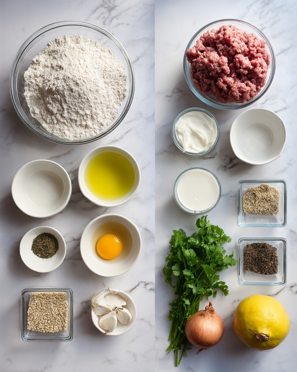 The image shows various cooking ingredients neatly arranged on a white marbled surface. On the left side, there is a large clear glass bowl filled with white flour, surrounded by smaller white bowls holding salt, an egg, oil, milk, and a few types of small grains or seeds. A small white container of cream or yogurt is also present. On the right side, there is a clear glass bowl filled with ground meat, beside which are several small white bowls containing black pepper and a mix of ground spices. Additionally, there is a whole onion, a lemon, two garlic cloves, and a bunch of fresh green cilantro in a small clear container. photo taken with an iphone --ar 4:5 --v 7