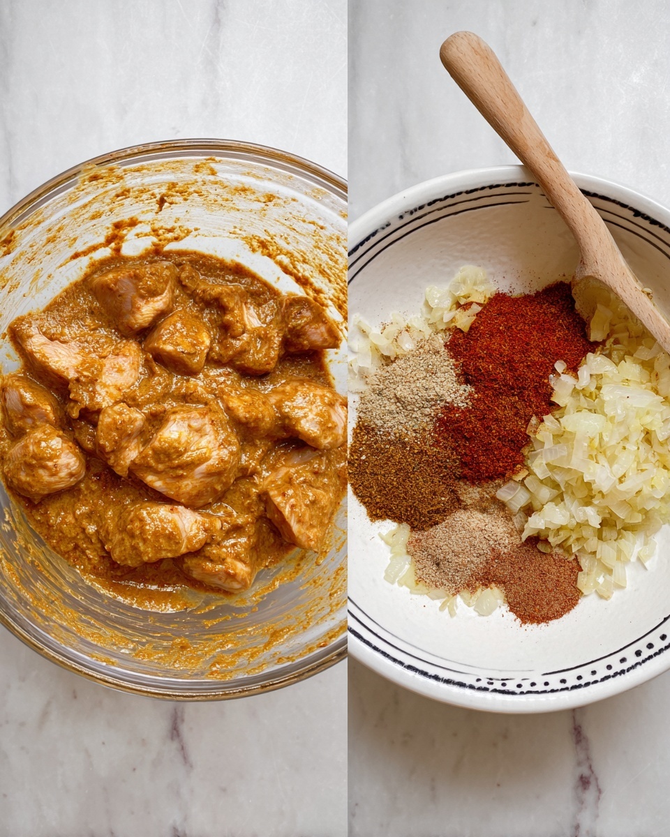 The left side shows a clear bowl with chunks of pale pink meat covered in a thick, brownish-orange sauce that looks creamy and coats the meat evenly. The right side has a white bowl with a few black lines near the rim, inside which there are finely chopped light yellow onions mixed with several piles of ground spices in different shades of brown and red. A wooden spoon rests in the bowl, partially covered by the onions and spices. Both bowls sit on a white marbled surface. photo taken with an iphone --ar 4:5 --v 7