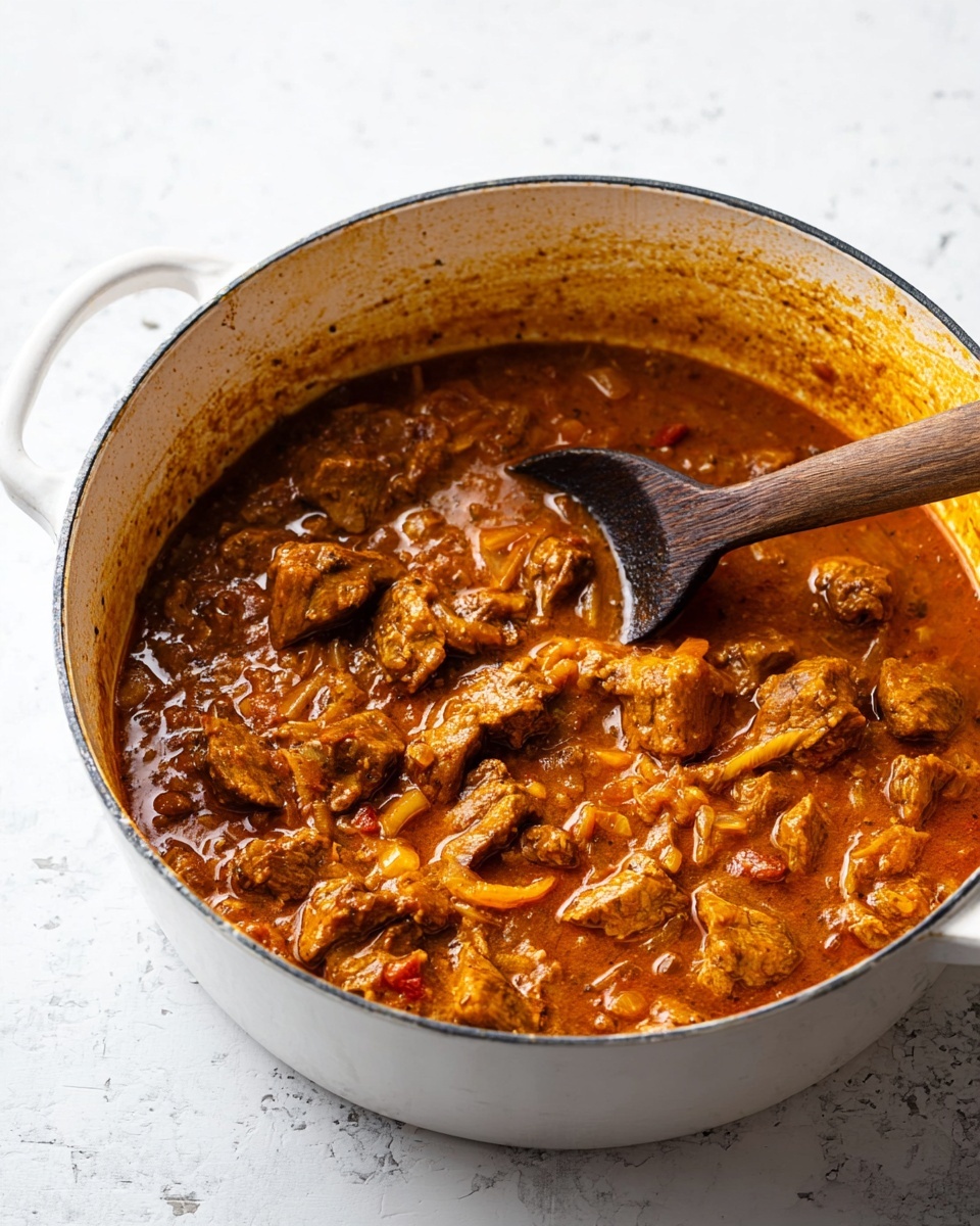 A white pot filled with a thick stew that has many pieces of cooked meat in rich orange-brown sauce. The stew looks chunky with visible bits of onion and small red pieces, giving it a textured, hearty appearance. A wooden spoon with a smooth, dark handle rests inside the pot, partly covered in the sauce. The pot sits on a white marbled surface, adding a clean and bright contrast to the rich tones of the stew. photo taken with an iphone --ar 4:5 --v 7