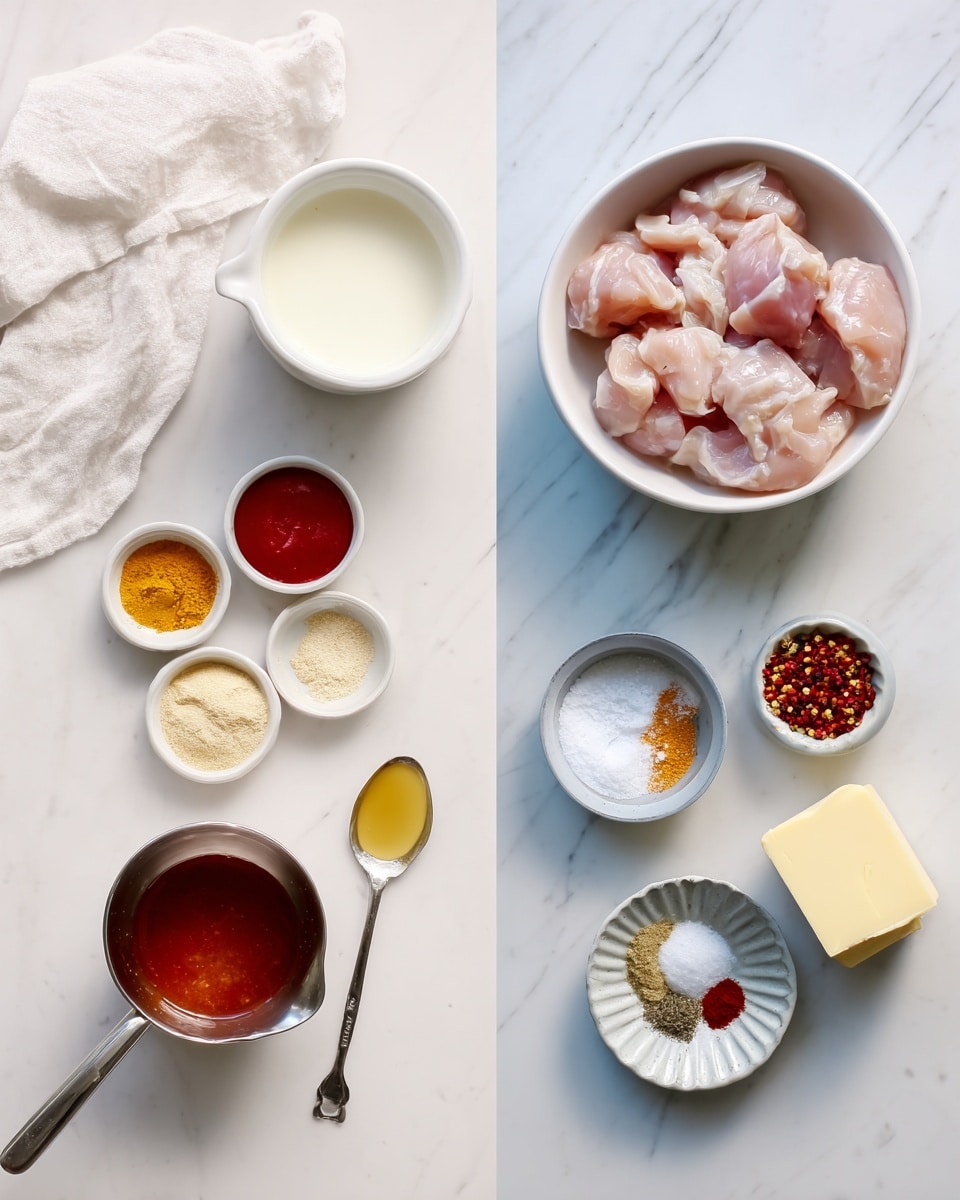 The image shows two scenes on a white marbled surface with cooking ingredients. On the left, a white bowl holds raw, light pink chicken pieces. Below it, a white cup with milk is next to a small white dish containing light yellow, red, and beige spices arranged in sections. A stainless steel measuring cup with reddish sauce is at the bottom, and a white cloth napkin is partially visible on the left. On the right side, several small white and colored bowls hold various cooking ingredients: a red bowl with a white powder, a small gray bowl with another white powder, a white bowl with a golden liquid, and a white ridged dish with colorful spices including yellow, red, and black. There is also a white bowl containing a yellow butter cube in the bottom right corner. Photo taken with an iphone --ar 4:5 --v 7