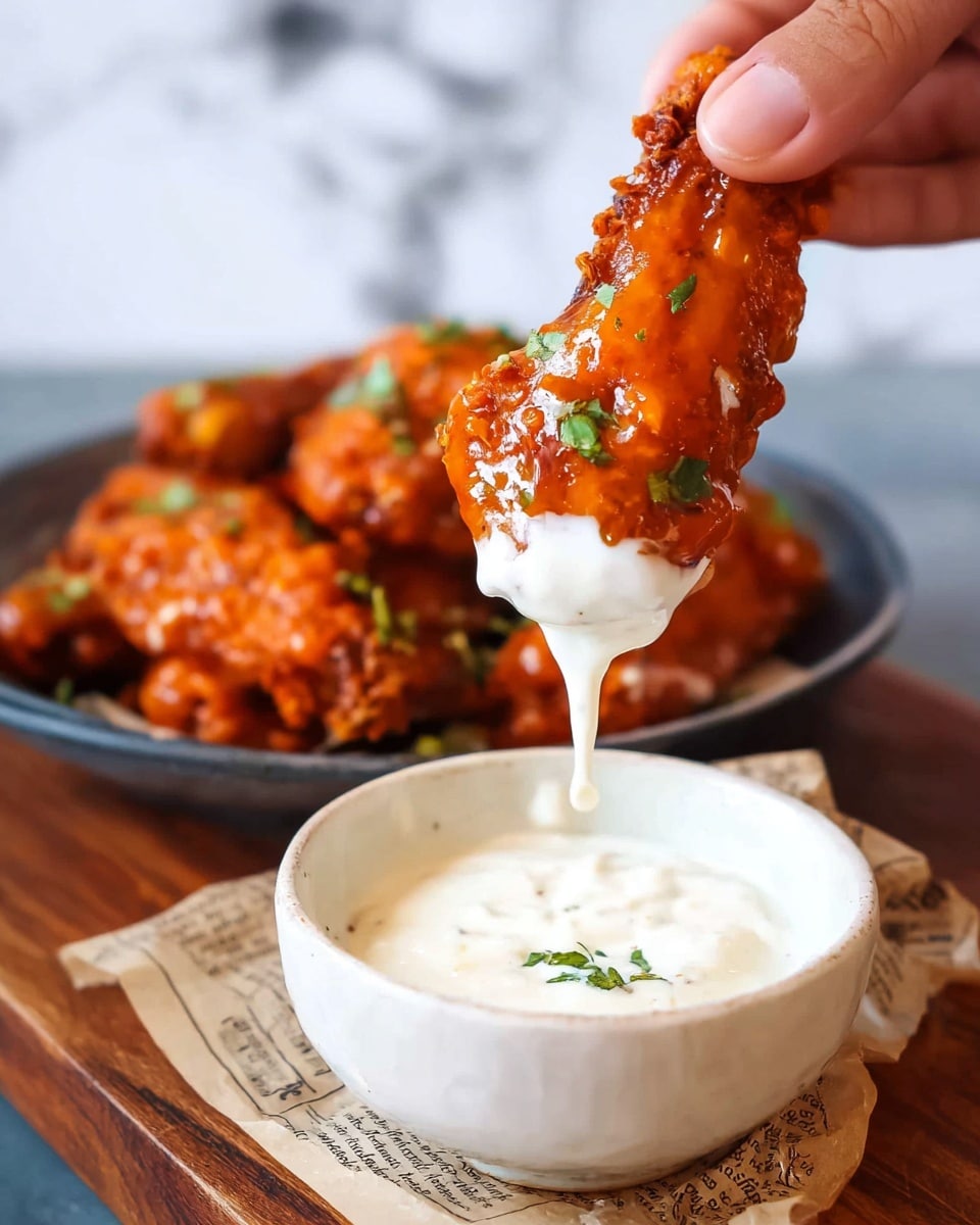 A close-up image shows a crispy fried chicken wing covered in a shiny, thick orange sauce with small green herb pieces, held by a woman's hand dipping it into a small white bowl filled with thick, creamy white ranch sauce that drips slightly back into the bowl. The bowl rests on a wooden board with a piece of newspaper underneath, and more wings coated in the same orange sauce are blurred in the background on a dark plate. The background has a white marbled texture. Photo taken with an iphone --ar 4:5 --v 7