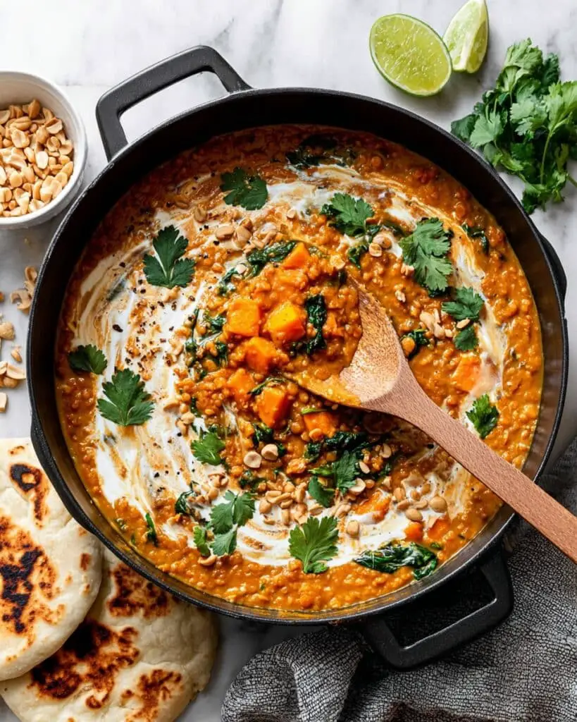 Curried Red Lentil Soup with Sweet Potatoes, Coconut Milk, and Spinach Recipe