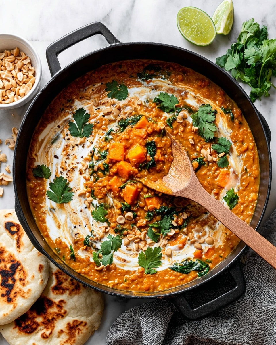 Curried Red Lentil Soup with Sweet Potatoes, Coconut Milk, and Spinach Recipe