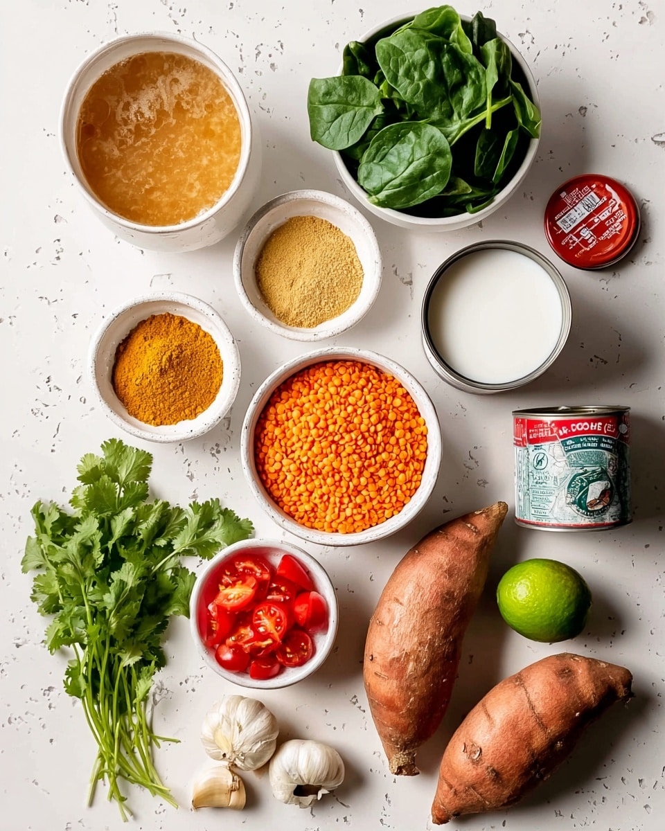 The image shows various cooking ingredients neatly arranged on a white marbled surface. Starting from the top left, there is a white bowl filled with a light brown liquid, next to it at top right is a white bowl with fresh green spinach leaves. Below the brown liquid, another small white bowl holds two powders in shades of yellow and brown. To its left is a white bowl full of bright green cilantro leaves. In the center is a white bowl filled with orange lentils. Below the lentils is a white bowl containing bright red chopped tomatoes. Next to the tomatoes, at bottom center, are pieces of fresh ginger root. On the right side, two whole brown sweet potatoes, a half lime with bright green flesh, a peeled yellow onion, and three garlic cloves are spread out. Near the lentils is an open tin can with white coconut milk spilling slightly over the edge, and above that a small red container with a label. photo taken with an iphone --ar 4:5 --v 7