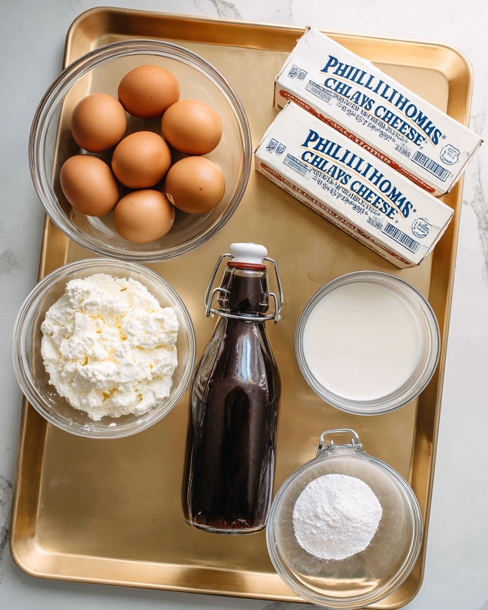 The image shows a flat golden tray set on a white marbled surface, holding several ingredients neatly arranged. There is a clear glass bowl with five brown eggs in the top left corner, and beside it are two boxes of Philadelphia original cream cheese stacked slightly askew. Below the eggs is another clear glass bowl filled with white granulated sugar. In the center of the tray stands a tall, dark brown bottle with a clasp top. Toward the bottom right corner, there is a small clear glass bowl filled with white powder and a clear measuring cup with milk. The overall setting is bright and clean with soft natural light. photo taken with an iphone --ar 4:5 --v 7