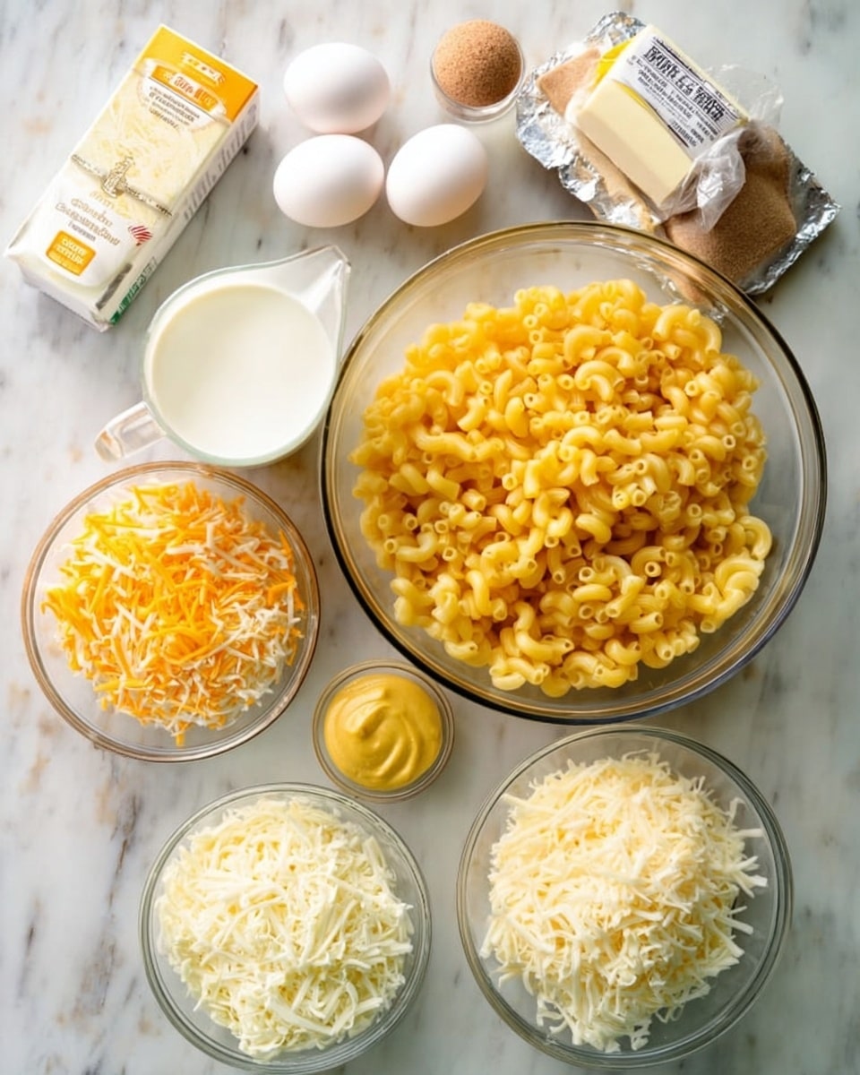 The image shows several clear glass bowls and a measuring cup arranged on a white marbled surface. In the center is a large bowl filled with cooked elbow macaroni pasta, bright yellow in color. Surrounding it are three smaller bowls: one with shredded yellow cheddar cheese, one with a mix of shredded white and yellow cheese, and another with shredded white cheese only. To the left is a measuring cup filled with cream and a block of butter wrapped partially in foil next to it. Near the top, two white eggs sit beside a small white bowl containing a light brown and white powder mix and a carton of chicken broth. A small glass container with yellow mustard is also present. The setup looks prepared for cooking a cheesy pasta dish. Photo taken with an iphone --ar 4:5 --v 7
