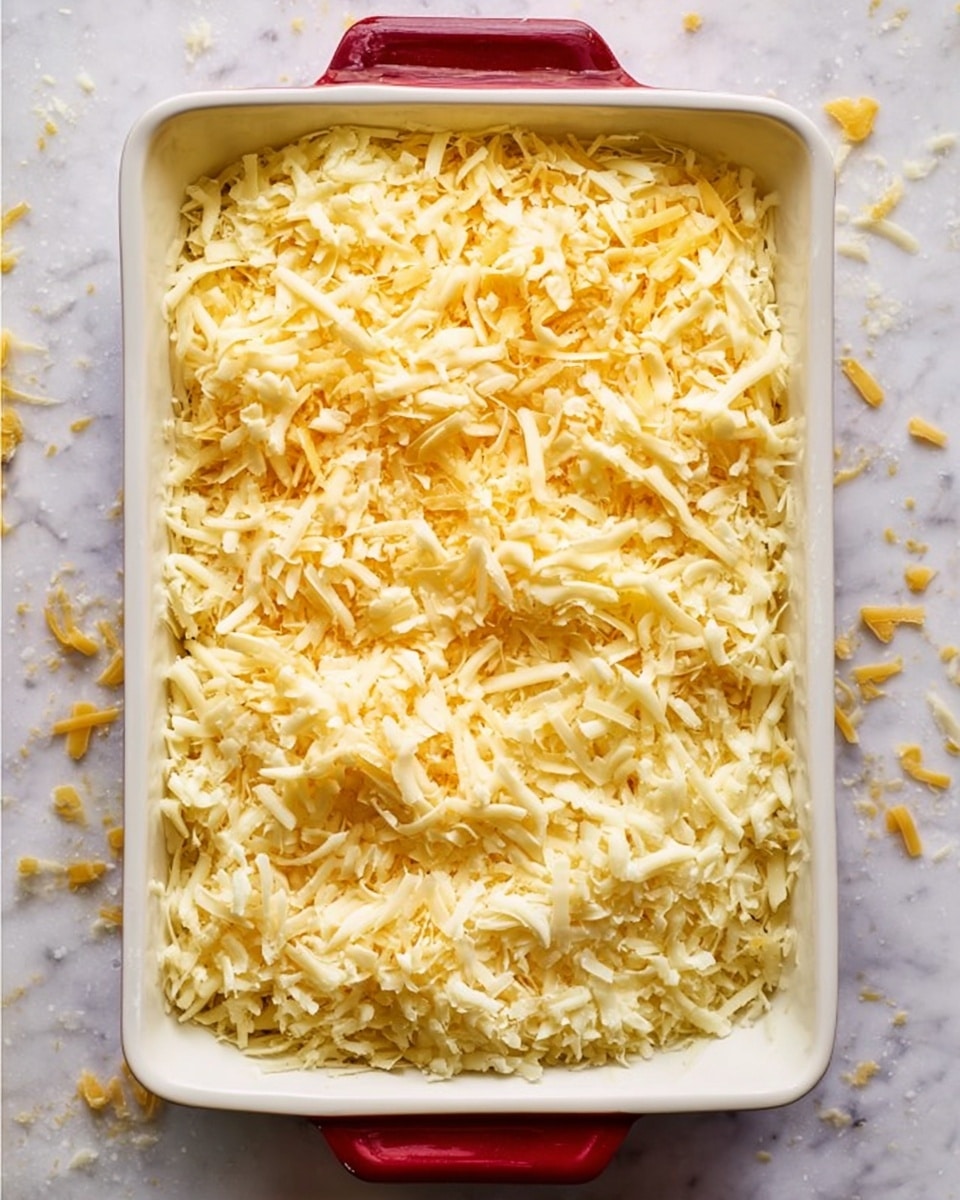 A white rectangular baking dish with red handles is filled with a thick layer of shredded cheese on top, combining yellow and white strands spread unevenly. The dish sits on a white marbled surface with some cheese pieces scattered around it. The cheese layer is dense, textured with slightly uneven edges, showing a rich blend of two types of cheese mixed together. Photo taken with an iphone --ar 4:5 --v 7