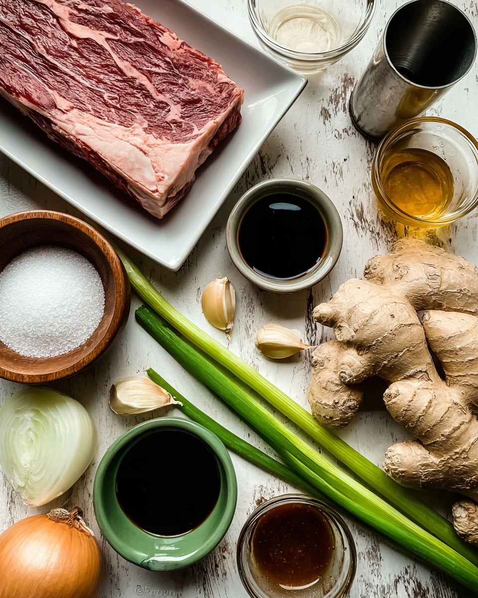 The image shows ingredients laid out on a wooden surface, including a large raw steak with marbled red and white fat placed on a white rectangular plate at the top. Surrounding it are various small bowls and items: a glass bowl with dark soy sauce, two whole green onions with green and white stalks, a wooden bowl filled with coarse white sugar, a metal cup with golden liquid, a large piece of knobby ginger root, a small green ceramic bowl with thick dark sauce, a white onion, a glass bowl with dark liquid, and several peeled garlic cloves scattered around. The overall color palette mixes natural earth tones with the bright white of the onion and green stalks, all on a rustic wooden background. photo taken with an iphone --ar 4:5 --v 7