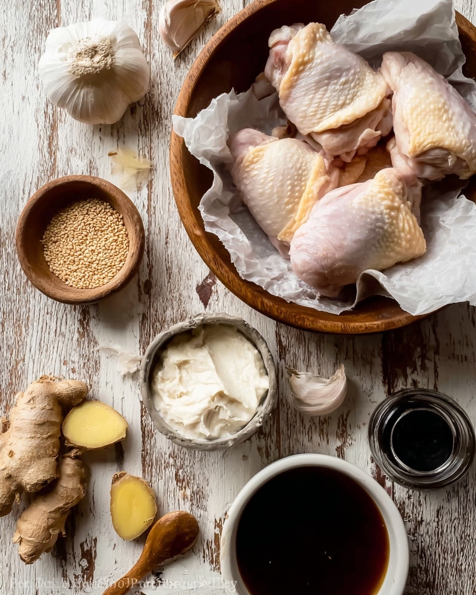The image shows a wooden bowl lined with white paper, filled with four raw chicken thighs that are pale with a smooth texture and slight sheen, placed near the center. Around the bowl, there are various ingredients: on the left side, a whole garlic bulb with one peeled clove and loose white peels scattered around, a small white measuring cup filled with brown sugar, and a small silver cup with dark liquid. On the bottom center, a wooden square bowl holds a dollop of white solid fat. On the right side, a white square dish contains a dark brown sauce, and nearby there are two fresh ginger roots with a rough, tan skin. All these items are placed on a worn wooden surface changed to a white marbled texture. photo taken with an iphone --ar 4:5 --v 7