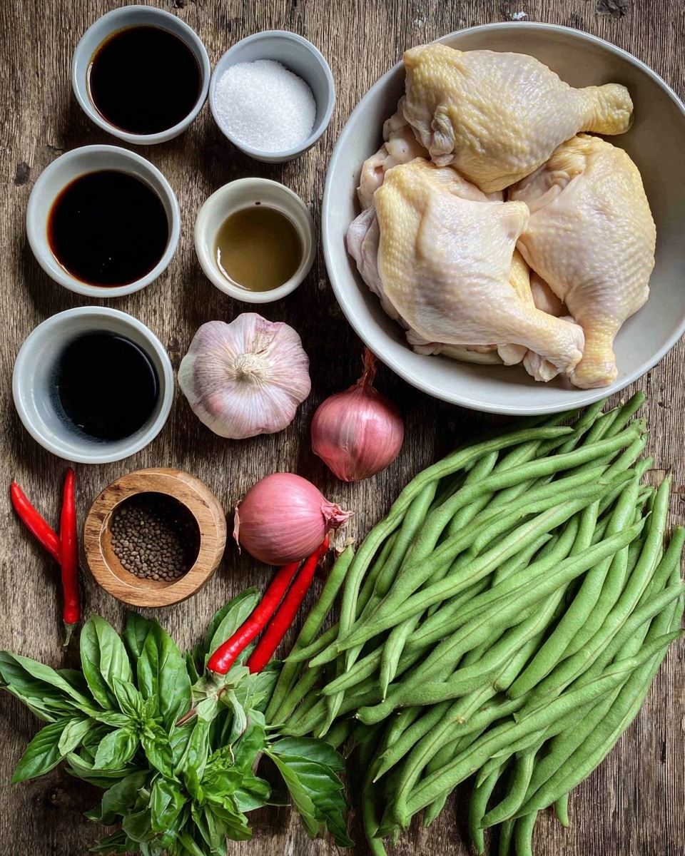 The image shows fresh ingredients arranged on a wooden surface backdrop with a white marbled texture. On the right side, there is a white bowl filled with three raw chicken thighs with pale skin and pinkish tones. Below the bowl, there is a large pile of long green beans curved and layered. Next to the green beans, there are two bright red chili peppers placed on fresh green basil leaves with dark purple stems. On the lower left corner, there is a garlic bulb with a few loose cloves scattered around it, and above it, two shallots with shiny pinkish-red skin. Several small white and green plates hold dark soy sauce and light sesame oil. In the middle, a small wooden bowl is filled with white sugar granules. The composition captures a rustic and natural style with distinct textures and colors. Photo taken with an iphone --ar 4:5 --v 7