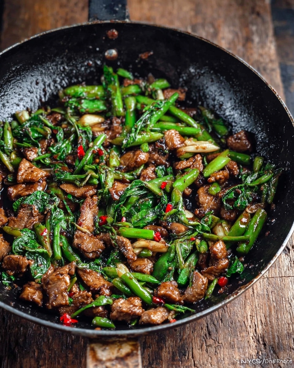 A black frying pan with a shiny surface is filled with cooked small pieces of brown chicken mixed with bright green long beans and dark green basil leaves. The chicken pieces are glossy and coated in a brown sauce, spread evenly across the pan. The green beans are cut into short segments and scattered throughout, with vibrant green basil leaves adding texture on top. The pan is placed on a wooden table with a rustic brown color. Photo taken with an iphone --ar 4:5 --v 7