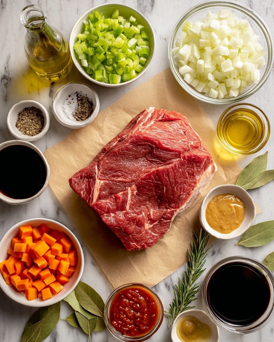 The image shows a large raw red meat piece placed on a light brown parchment paper at the center, surrounded by small white bowls and glasses holding various ingredients: diced white onions in a glass bowl at the top right, small orange carrot pieces in a white bowl at the bottom left, light green chopped celery in a white bowl at the bottom center, minced garlic in a small white bowl at the middle right, salt and black pepper in small white bowls at the top center, and mustard, tomato paste, oil, and dark liquid sauces each in small bowls or glasses around the meat. Fresh green rosemary and bay leaves are also visible near the right. The whole setup is on a white marbled surface. Photo taken with an iphone --ar 4:5 --v 7