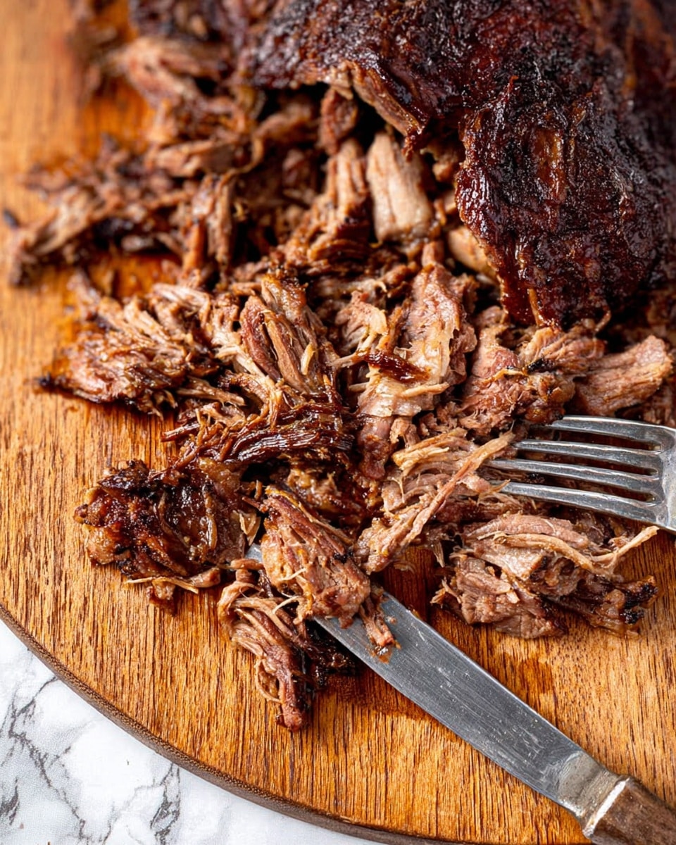 A close-up image shows a large piece of dark brown cooked meat on a wooden board. The meat is shredded in the center, revealing a lighter brown inside with tender, stringy texture. Two silver forks are positioned near the shredded meat, suggesting it is being pulled apart. The meat has a slightly crispy and charred exterior with a rough surface. The background is a white marbled texture. Photo taken with an iphone --ar 4:5 --v 7