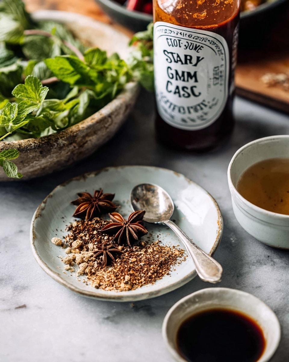 The image shows a small white plate in the center with a mix of brown spices and three star anise pieces on top, a silver spoon resting inside the plate. Behind to the left is a rustic bowl with fresh green herbs, and in the background, a glass bottle of sweet chili sauce with a white label. To the right side, there is a small white bowl with some light brown liquid, and in the foreground on the right is another small white bowl filled with a dark liquid, all placed on a white marbled surface. Photo taken with an iphone --ar 4:5 --v 7