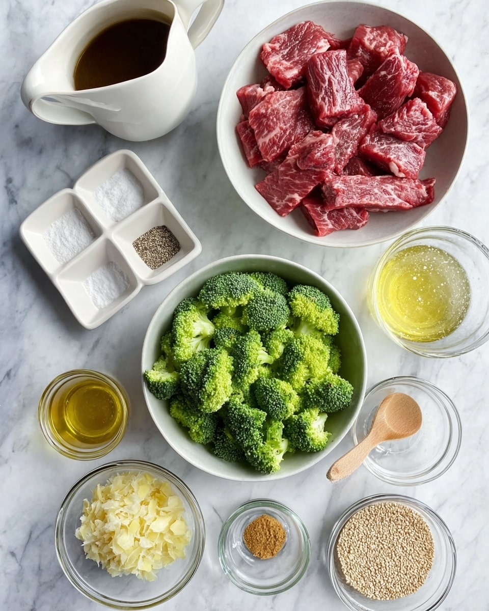 A white bowl at the center holds thin strips of raw red meat with light marbling. Below it, a white bowl is filled with bright green broccoli florets. Surrounding these two bowls, several small clear glass bowls and containers are arranged on a white marbled surface. One contains light yellow grated ginger, another holds a pale yellow liquid, and a third has a white powder. A white rectangular dish in the middle left corner is divided into two sections with salt and cracked black pepper. A white pitcher with a handle holds brown sauce, placed near a small wooden spoon and a glass bowl with minced garlic. Additional small glass bowls contain a golden liquid, light brown powder, pale seeds, and a dark liquid, completing the ingredients setup. photo taken with an iphone --ar 4:5 --v 7