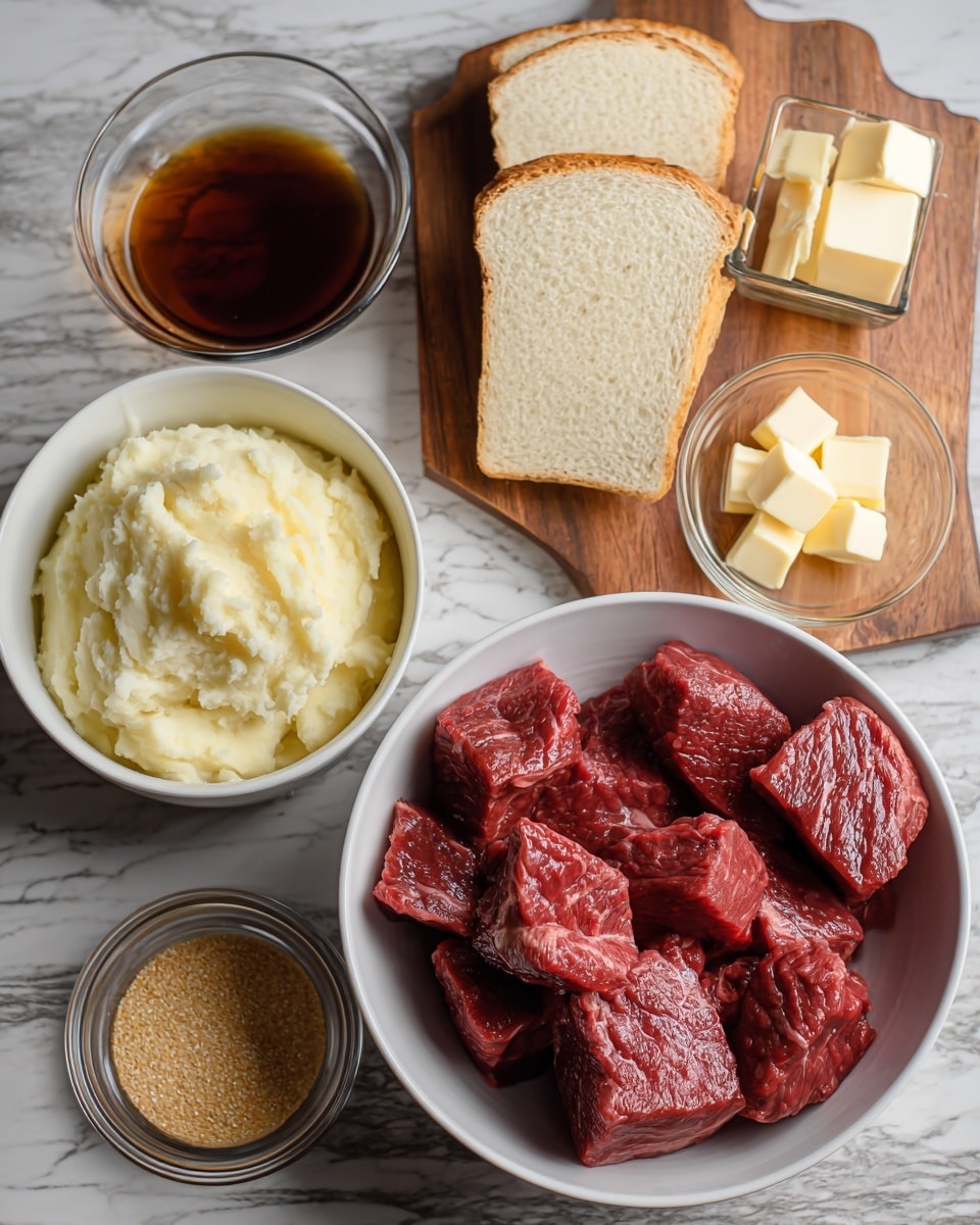 A white bowl filled with several dark red raw beef chunks with visible texture sits slightly to the left. Below it, another white bowl holds creamy mashed potatoes with a smooth but slightly lumpy texture. To the right, three slices of white bread are stacked neatly on a white marbled surface. Above the bread, on a small wooden board, there is a small clear glass bowl with dark brown liquid, a square glass bowl with light yellow cubes of butter, a small clear glass bowl with light brown granules in honey-colored liquid, and another small clear bowl with dark brown sauce. The background is a white marbled surface with the wooden board adding contrast. Photo taken with an iphone --ar 4:5 --v 7
