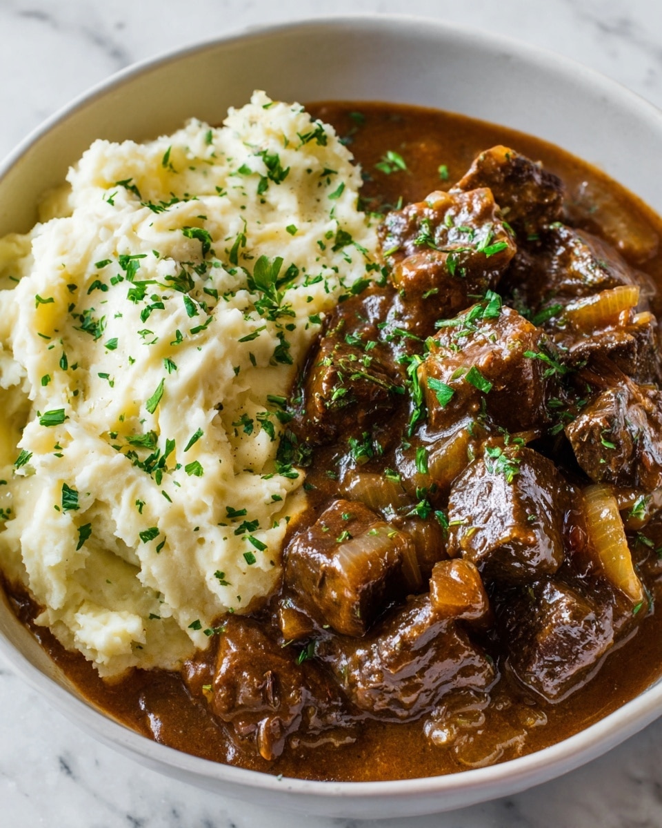 A white bowl filled with two main layers: on the left side, creamy mashed potatoes with a slightly smooth texture topped with chopped green herbs; on the right side, a rich brown stew made of tender chunks of beef and visible pieces of cooked onions, all covered in a shiny brown sauce and garnished with more chopped green herbs. The bowl is placed on a white marbled surface. Photo taken with an iphone --ar 4:5 --v 7