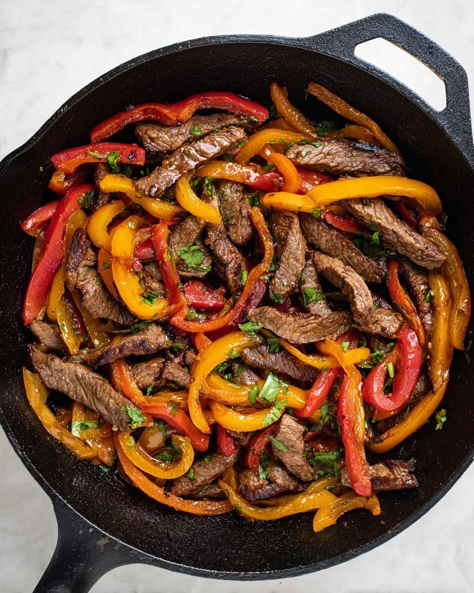 The image shows a black skillet filled with cooked strips of brown beef mixed with thin slices of vibrant red and yellow bell peppers. The beef pieces have a slightly charred texture, and the bell peppers look soft but still firm. Small green herb leaves are sprinkled on top, adding a fresh touch. The skillet rests on a white marbled surface. photo taken with an iphone --ar 4:5 --v 7