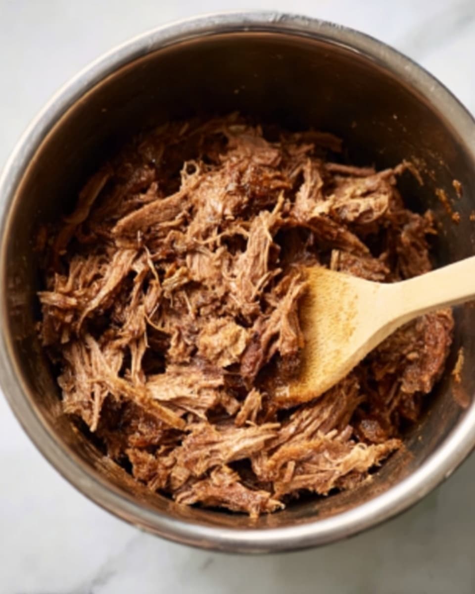 A steel bowl filled with shredded brown cooked meat with stringy texture mixed with darker and lighter brown parts. A wooden spoon with soft light beige color is placed inside the bowl, partly covered by the meat, as if stirring or serving. The bowl rests on a white marbled surface. The photo taken with an iphone --ar 4:5 --v 7