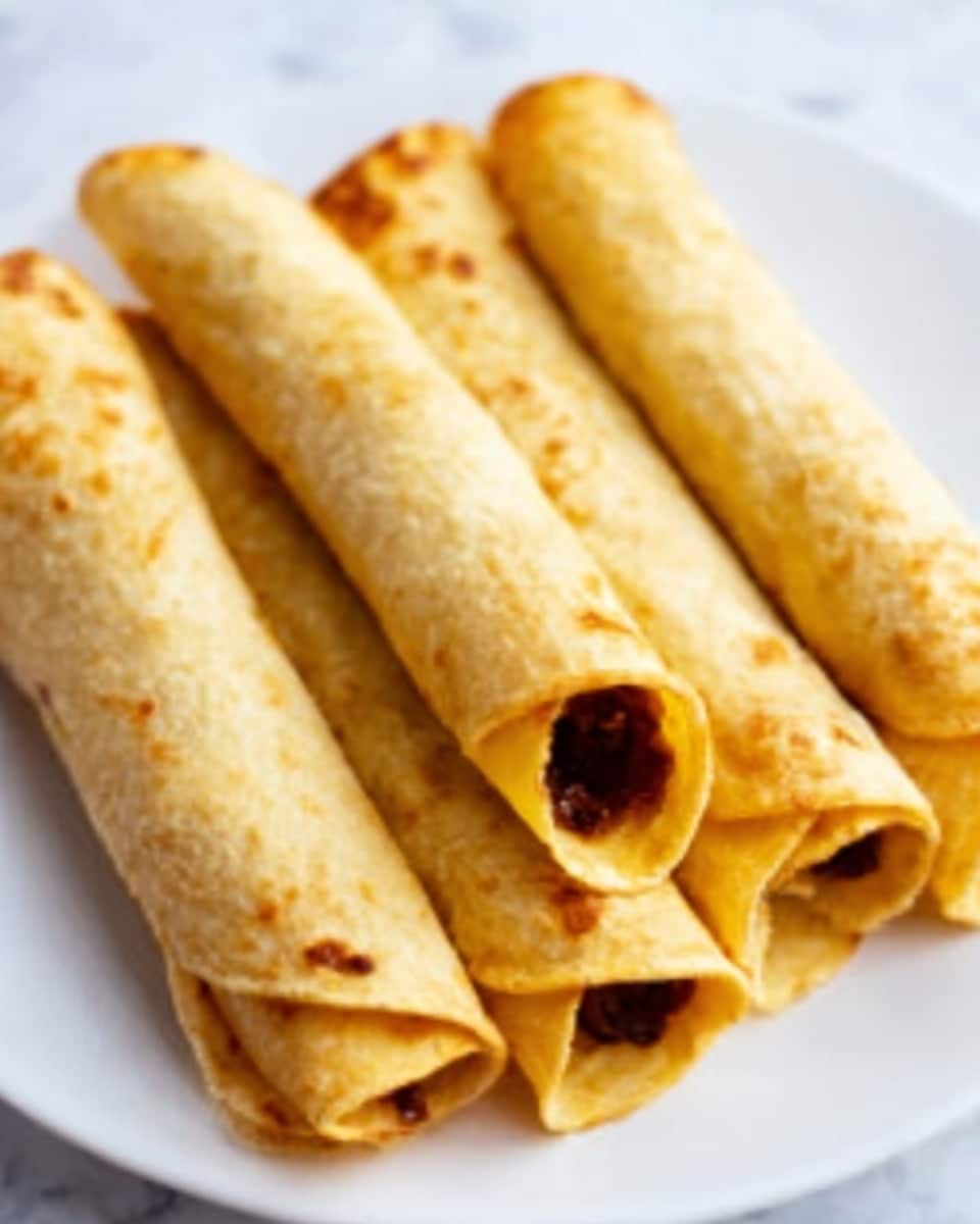 Five rolled tortillas with a dark browned filling peeking out from the open ends, arranged in a row on a white plate. The tortillas are golden yellow and have a slightly crispy texture with some light spots. The background is a white marbled surface. photo taken with an iphone --ar 4:5 --v 7