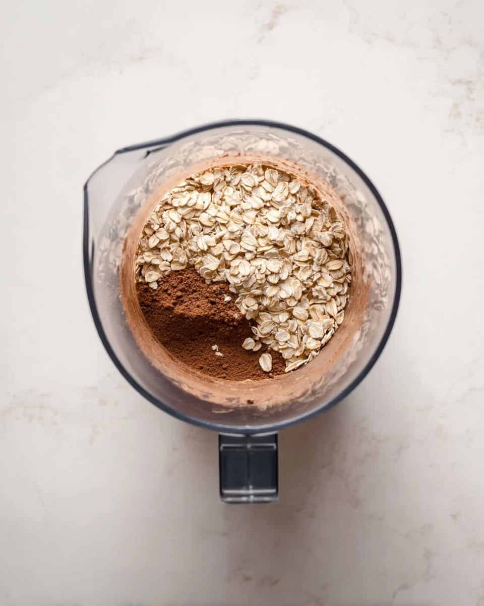 A clear blender cup sits on a white marbled surface, filled with two layers of ingredients visible from above. The bottom layer is a smooth, dark brown powder spread evenly across the base, while the top layer consists of light beige rolled oats scattered loosely over the brown layer. The blender's handle is facing downward, with no other objects in the frame. photo taken with an iphone --ar 4:5 --v 7