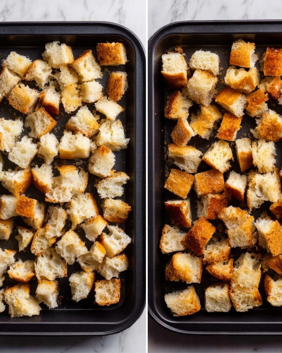 The image shows two black baking trays side by side, each filled with small, irregular pieces of torn bread. The tray on the left holds pale, white bread pieces with soft, fluffy textures and some golden-brown crust fragments. The tray on the right contains evenly browned bread pieces with a crispy, crunchy appearance and darker golden tones on both crust and bread interior. The background is a white marbled surface. Photo taken with an iphone --ar 4:5 --v 7