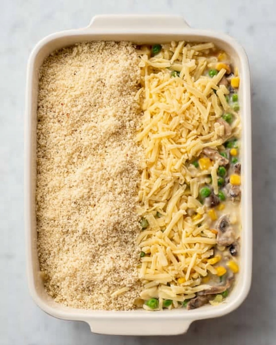 A white rectangular baking dish is shown from above with a mixture inside divided into two halves. On the right side, there is a creamy sauce with visible chunks of vegetables including yellow corn, green peas, and small pieces of mushrooms, covered partially with yellow shredded cheese. On the left side, a dry layer of light brown breadcrumbs is spread evenly with some cheese sprinkled over it. The dish rests on a white marbled surface. Photo taken with an iphone --ar 4:5 --v 7