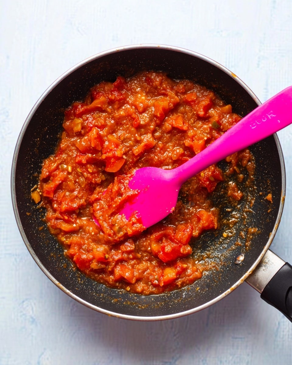 The image shows a black frying pan filled with a chunky red-orange tomato sauce made of diced tomatoes and spices, cooked to a thick texture. A bright pink spatula rests inside the pan, partially covered with the sauce, positioned diagonally from the top right to the center. The frying pan is on a white marbled surface, highlighting the vibrant color of the sauce. Photo taken with an iphone --ar 4:5 --v 7