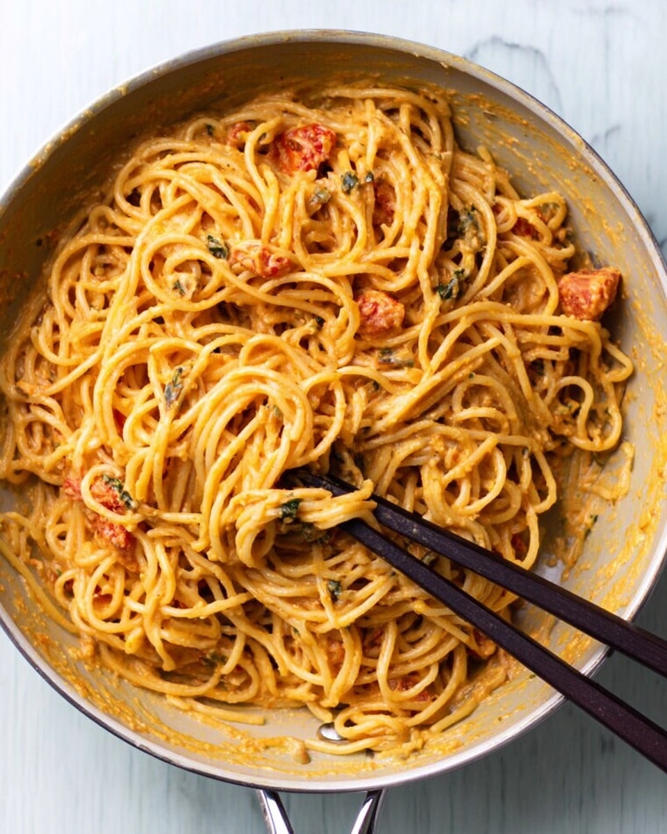 A pan filled with cooked spaghetti mixed in a creamy orange sauce with visible small pieces of tomato and herbs. The spaghetti strands are long and twisted together, coated evenly by the sauce. Two dark wooden chopsticks rest on the edge of the white pan, with some noodles hanging slightly over them. The pan sits on a white marbled surface, and the sauce clings to the sides of the pan giving a textured look. photo taken with an iphone --ar 4:5 --v 7