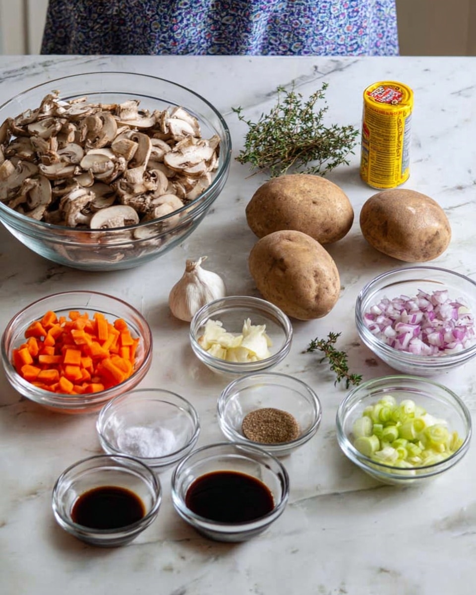 The image shows various ingredients arranged on a white marbled countertop. In the center, there is a large glass bowl filled with sliced brown mushrooms. To the right of the bowl are three whole brown potatoes, a bulb of garlic, and a small bunch of fresh thyme. Next to the mushrooms is a small glass bowl with finely chopped red onions. Surrounding these main items are several smaller glass bowls containing diced orange carrots, chopped celery, and a mixture of seasonings including salt and powdered spices. Two small bowls at the front contain dark soy sauce, and behind everything is a can and a yellow tube-like packet. In the background, part of a person wearing a blue patterned dress is visible. photo taken with an iphone --ar 4:5 --v 7