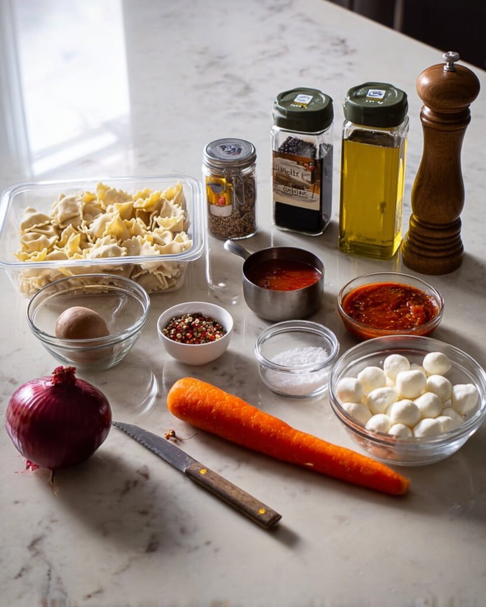 The image shows a white marbled surface with various cooking ingredients spread out neatly in a row. Starting from the left, there is a clear plastic container of raw tortellini pasta, followed by a glass bowl containing a brown round item and some red chili flakes. Next is a whole red onion and a bright orange carrot placed horizontally with a small knife resting on top of it. Moving right, there are several small bowls and jars including a bowl of coarse salt, a small metal bowl full of red tomato sauce, and a clear bowl containing small white mozzarella balls. Behind these are spice jars with green and black lids, a pepper grinder, and a larger glass container filled with olive oil. The whole scene is well-lit with a subtle reflection on the white marbled surface, photo taken with an iphone --ar 4:5 --v 7