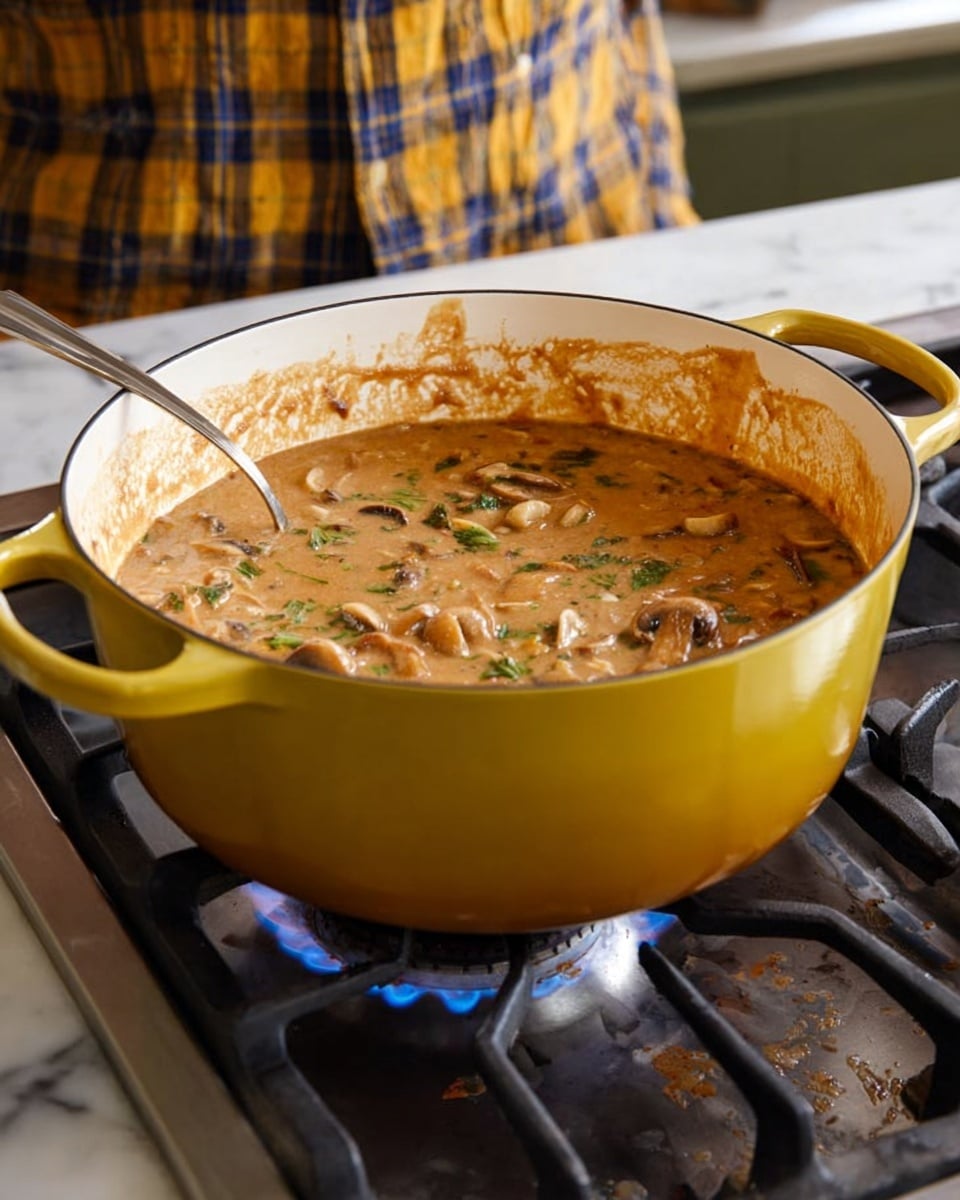 A large yellow pot with two silver handles sits on a gas stove with a blue flame, filled with a creamy brown stew that contains visible pieces of sliced mushrooms and green herbs spread throughout. The pot has some splashes of stew around its inner rim, showing it is freshly cooked. In the background, part of a person wearing a yellow and blue plaid shirt is visible. The setting includes a white marbled countertop next to the stove. photo taken with an iphone --ar 4:5 --v 7