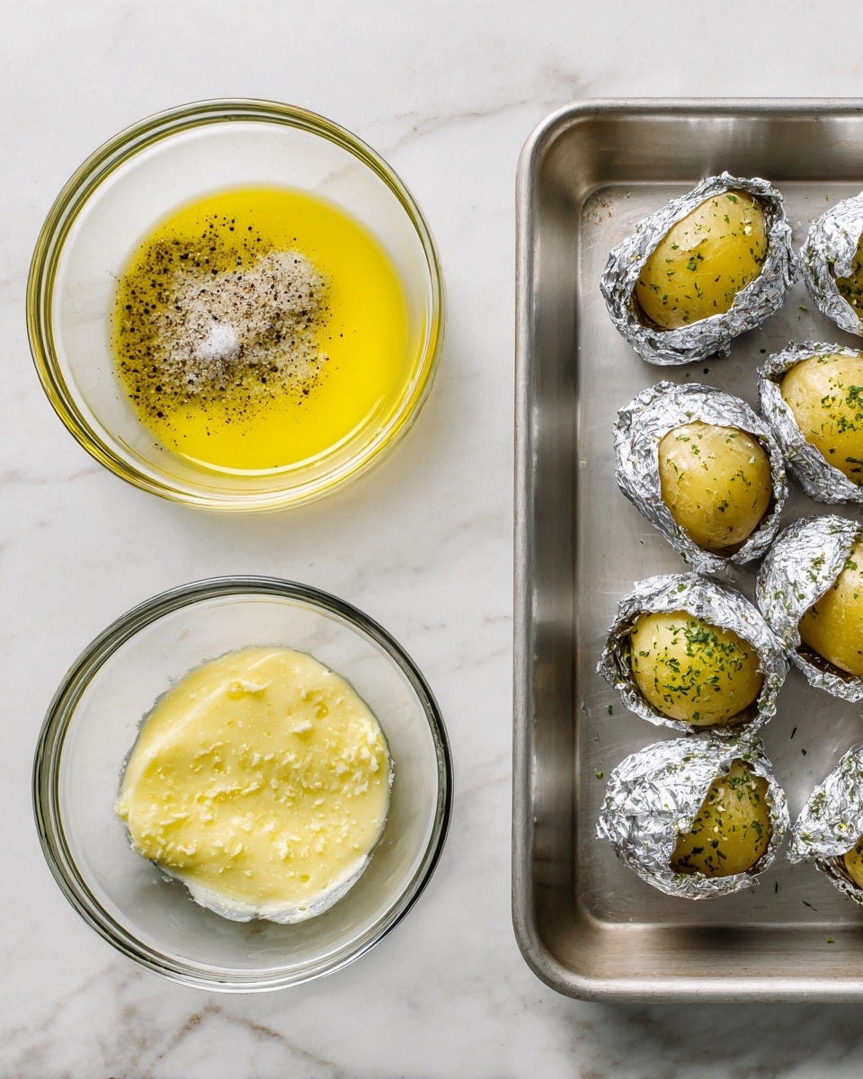 The image shows two clear glass bowls on a white marbled surface. The left bowl contains a yellow butter layer at the bottom with visible layers of coarse black pepper, white salt, and granulated garlic sprinkled on top, creating a speckled pattern. The right bowl has a pale yellow melted butter with green herb flakes, sitting beside a silver baking tray holding seven small potatoes wrapped individually in crinkled foil, each potato showing a golden yellow skin with green herb specks on top. photo taken with an iphone --ar 4:5 --v 7