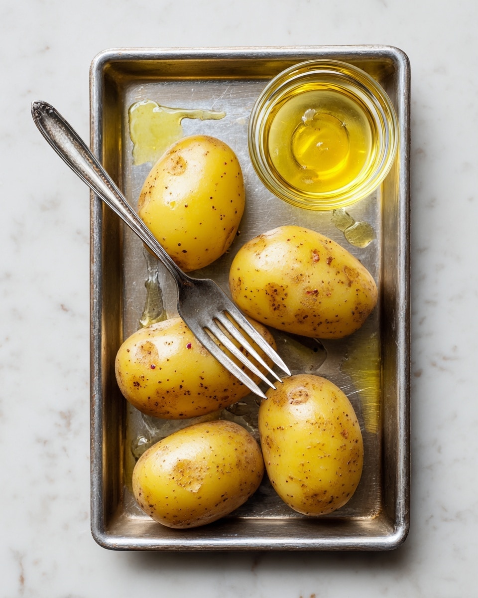 The image shows a metal tray holding six small yellow potatoes with a shiny, slightly rough skin, speckled with small brown spots. A silver fork rests diagonally on the middle potatoes, with its prongs pressed against one potato. To the top right of the tray is a small glass bowl filled with a golden yellow liquid, likely melted butter, some of which has spilled slightly onto the tray. The tray sits on a white marbled surface. photo taken with an iphone --ar 4:5 --v 7