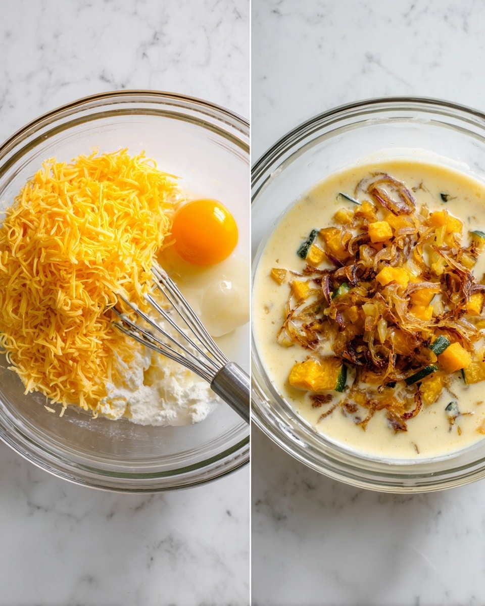 The image shows two clear glass bowls placed side by side on a white marbled surface. The left bowl has raw ingredients with one layer of shiny, yellow shredded cheese piled on the left side, a single raw egg yolk resting on the right, and a light, cream-colored liquid mixture beneath, with a silver metal whisk resting inside. The right bowl contains a creamy pale yellow liquid base filled with browned, caramelized onion slices with lacy edges mostly gathered on the right and some diced orange and green squash on top. photo taken with an iphone --ar 4:5 --v 7